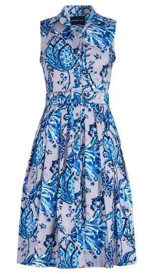 Audrey Dress #1 Shirt Collar Sleeveless Long Length Cotton Stretch (Lillie Toile Pastel)