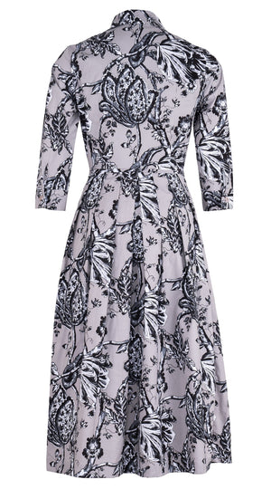 Audrey Dress #1 Shirt Collar 3/4 Sleeve Midi Length Cotton Stretch (Lillie Toile Black)
