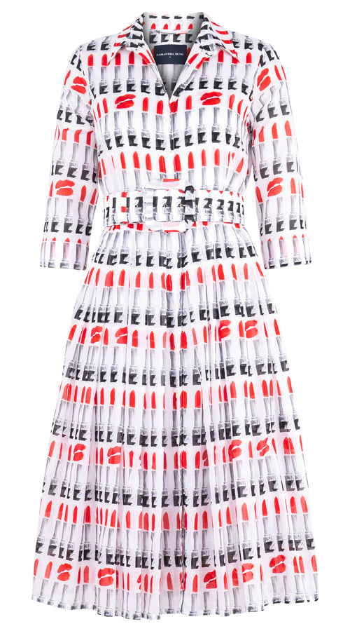 Audrey Dress #4 Shirt Collar 3-4 Sleeve Long Musola (Lipstic Rouge White)