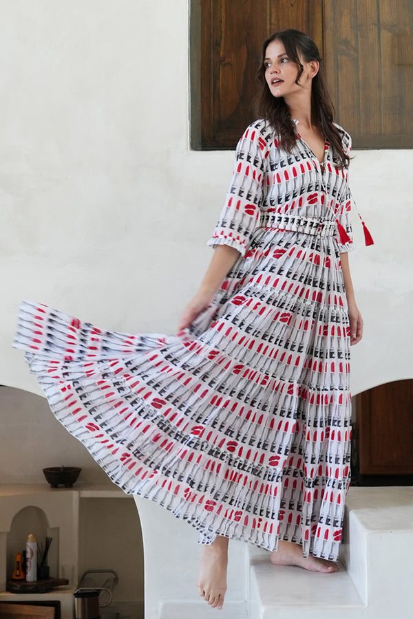Eva Dress Crew Neck 3/4 Sleeve Maxi Length Cotton Musola (Lipstic Rouge White)