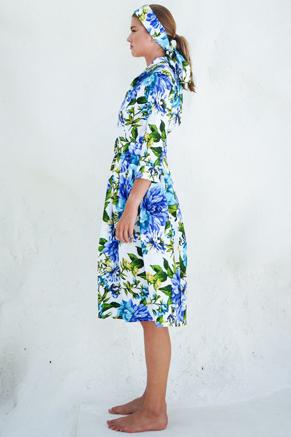 Audrey Dress #1 Shirt Collar 3/4 Sleeve Long Length Cotton Stretch (Los Cabos Flower White)