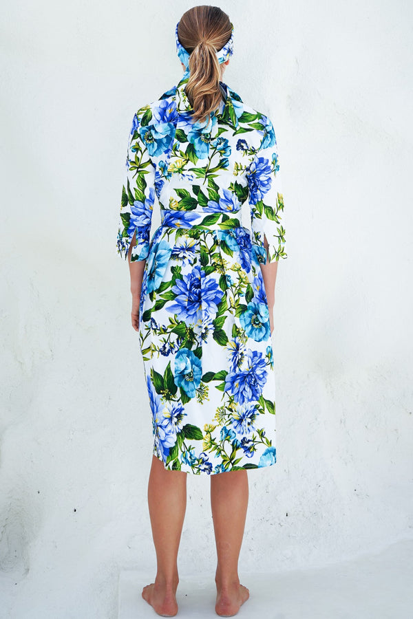 Audrey Dress #1 Shirt Collar 3/4 Sleeve Long Length Cotton Stretch (Los Cabos Flower White)