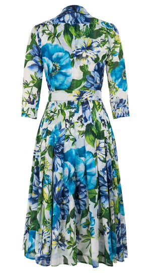 Audrey Dress #4 Shirt Collar 3/4 Sleeve Midi Length Cotton Musola (Los Cabos Flower White)