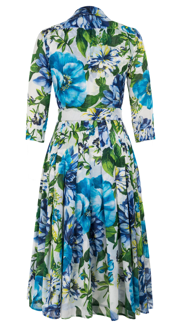 Audrey Dress #4 Shirt Collar 3/4 Sleeve Midi Length Cotton Musola (Los Cabos Flower White)