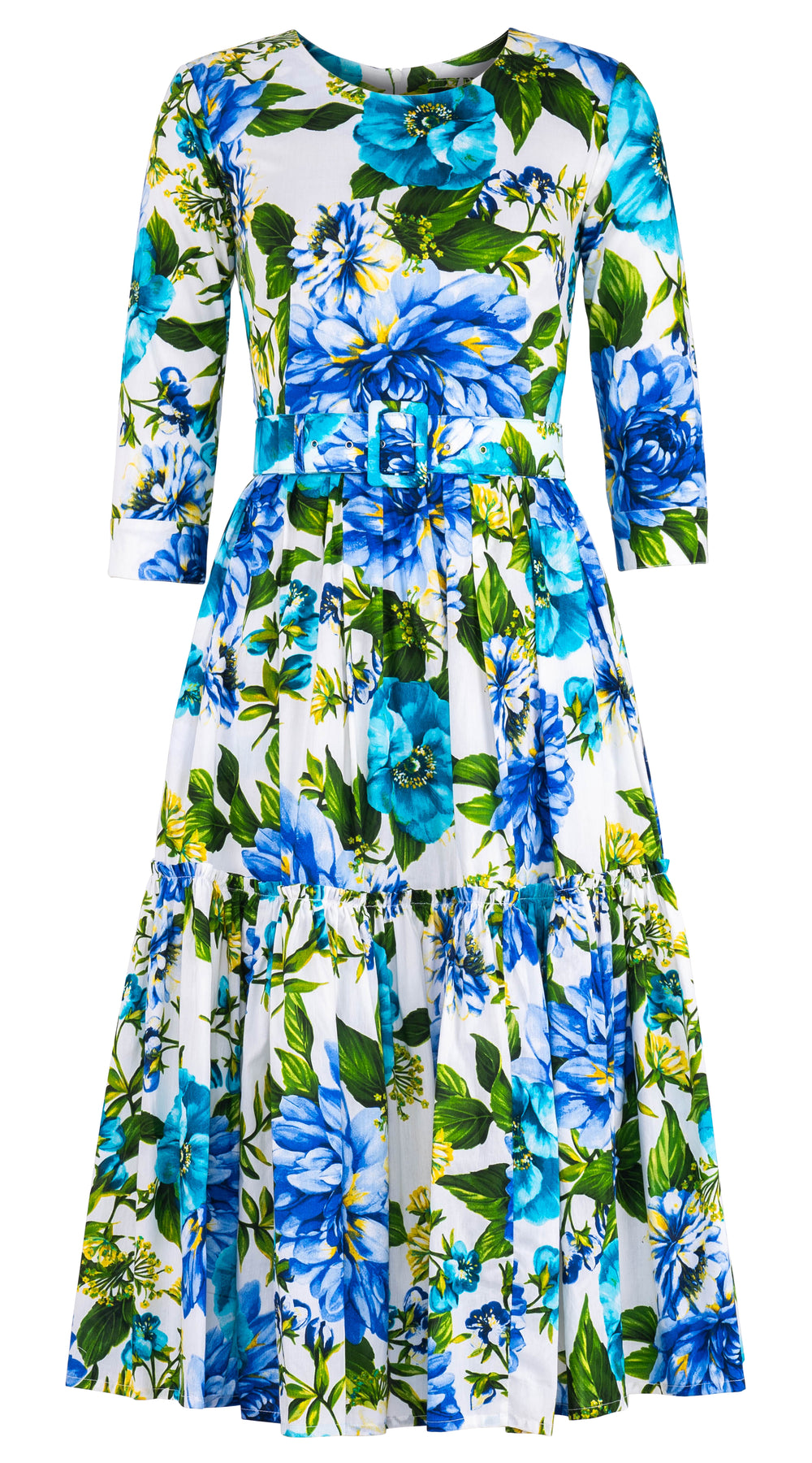 Melanie Dress Crew Neck 3/4 Sleeve Midi Length Cotton Lawn (Los Cabos Flower) @10
