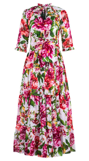 Eva Dress Crew Neck 3/4 Sleeve Maxi Length Cotton Musola (Los Cabos Flower White)