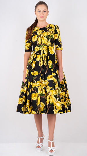 Lana Dress Crew Neck 1/2 Sleeve with Tulle Midi Cotton Stretch (Magnolia Blossom)