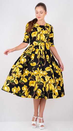 Lana Dress Crew Neck 1/2 Sleeve with Tulle Midi Cotton Stretch (Magnolia Blossom)