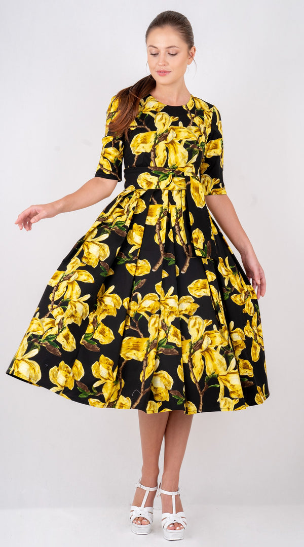 Lana Dress Crew Neck 1/2 Sleeve with Tulle Midi Cotton Stretch (Magnolia Blossom)
