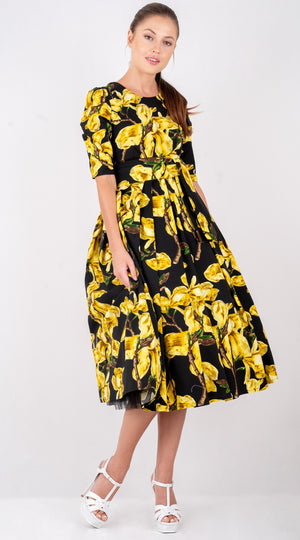 Lana Dress Crew Neck 1/2 Sleeve with Tulle Midi Cotton Stretch (Magnolia Blossom)
