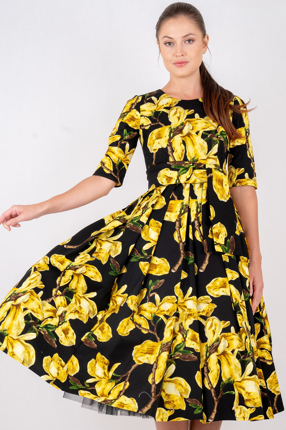 Lana Dress Crew Neck 1/2 Sleeve with Tulle Midi Cotton Stretch (Magnolia Blossom)