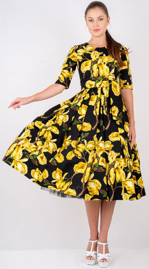 Lana Dress Crew Neck 1/2 Sleeve with Tulle Midi Cotton Stretch (Magnolia Blossom)