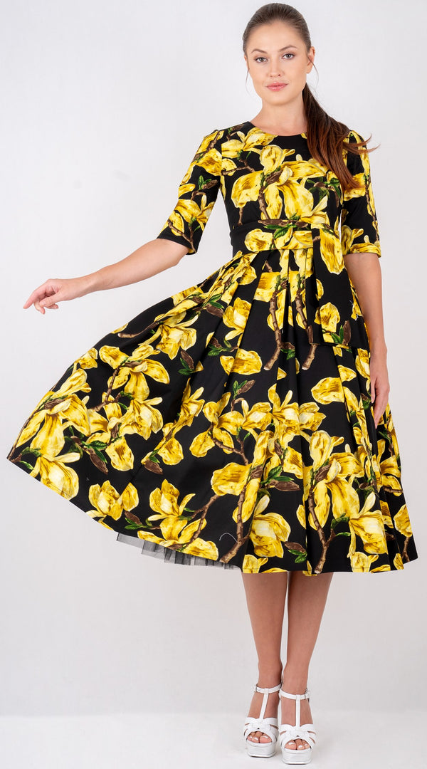 Lana Dress Crew Neck 1/2 Sleeve with Tulle Midi Cotton Stretch (Magnolia Blossom)