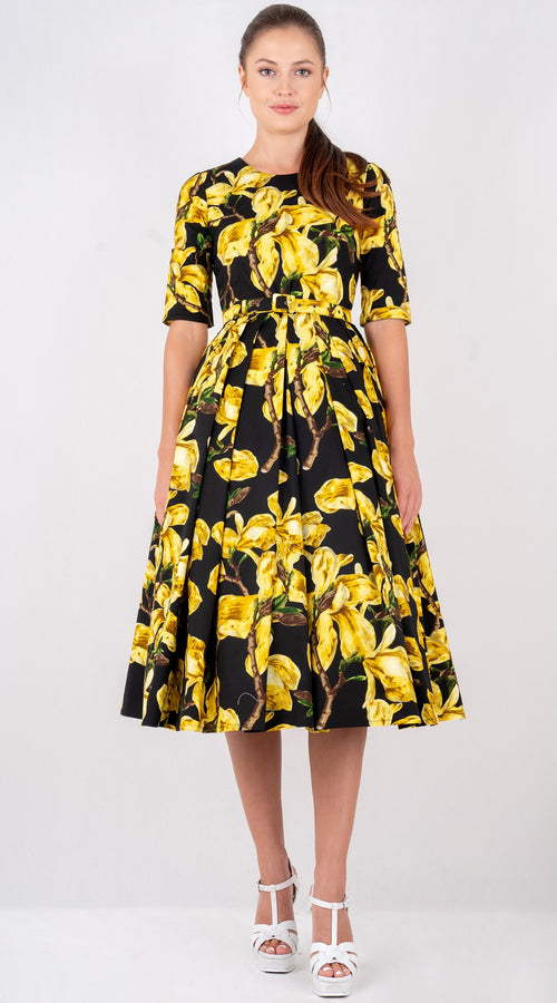Lana Dress Crew Neck 1/2 Sleeve with Tulle Midi Cotton Stretch (Magnolia Blossom)