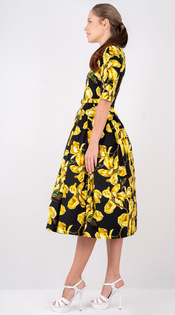Lana Dress Crew Neck 1/2 Sleeve with Tulle Midi Cotton Stretch (Magnolia Blossom)