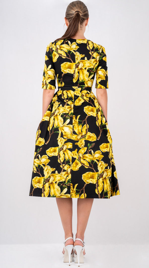 Lana Dress Crew Neck 1/2 Sleeve with Tulle Midi Cotton Stretch (Magnolia Blossom)