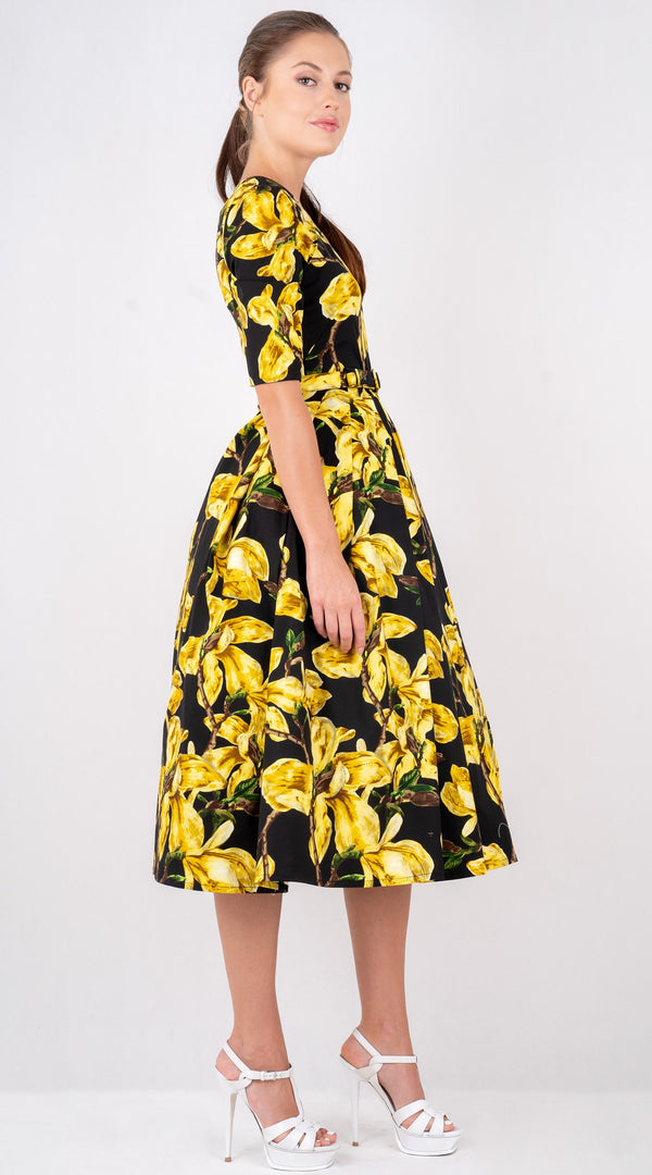 Lana Dress Crew Neck 1/2 Sleeve with Tulle Midi Cotton Stretch (Magnolia Blossom)