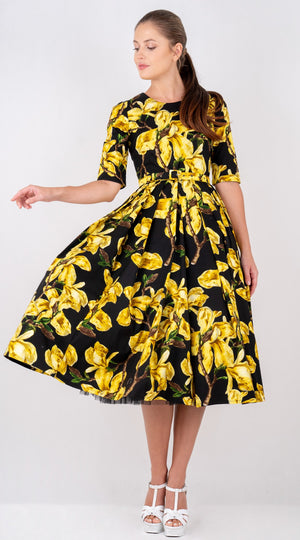 Lana Dress Crew Neck 1/2 Sleeve with Tulle Midi Cotton Stretch (Magnolia Blossom)