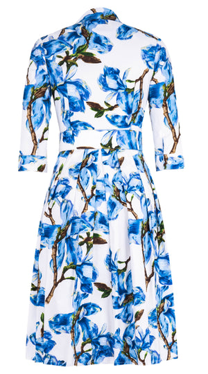 Audrey Dress #1 Shirt Collar 3/4 Sleeve Long Length Cotton Stretch (Magnolia Blossom White) @3