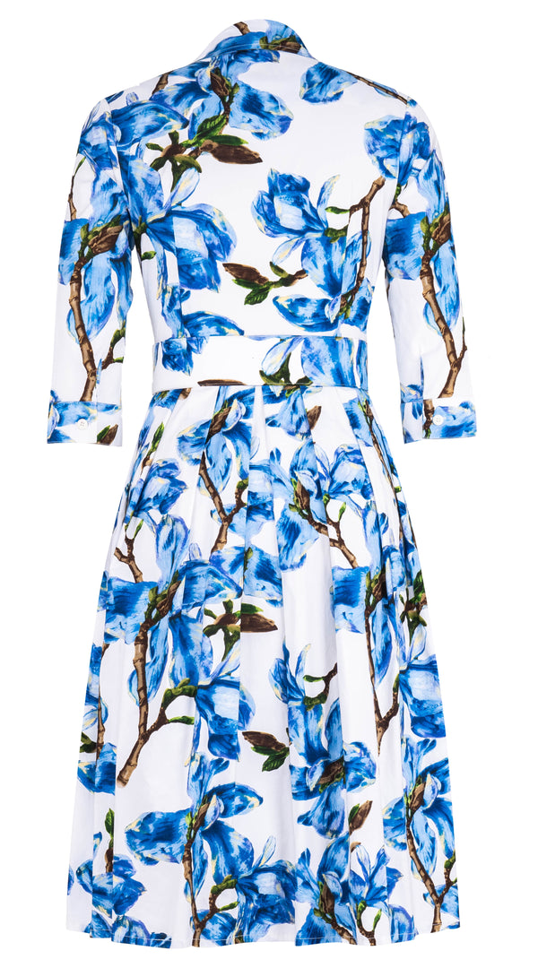 Audrey Dress #1 Shirt Collar 3/4 Sleeve Long Length Cotton Stretch (Magnolia Blossom White) @3