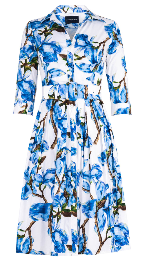Audrey Dress #1 Shirt Collar 3/4 Sleeve Long Length Cotton Stretch (Magnolia Blossom White) @3