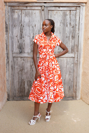 Amber Dress Shirt Collar Short Cap Sleeve Midi Length Cotton Stretch (Maiolica Blue Tile Small)