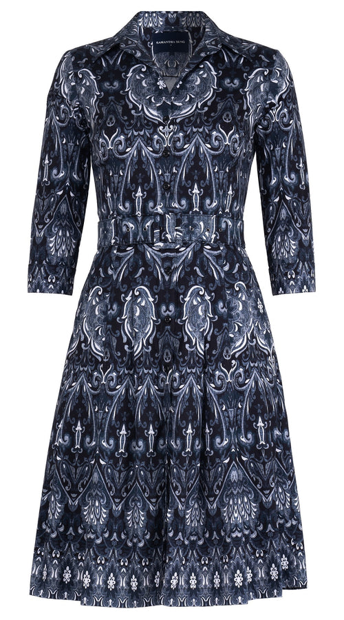 Audrey Dress #3 Shirt Collar 3/4 Sleeve Regular Length Cotton Stretch (Mill Creek Paisley Dark)