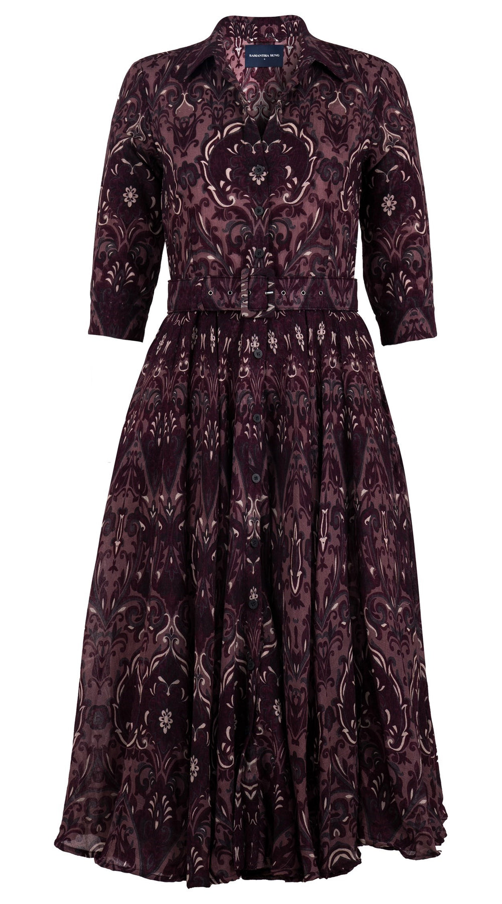 Aster Dress Shirt Collar 3/4 Sleeve Midi Length Wool Musola (Mill Creek Paisley Dark) - Dusty Pink