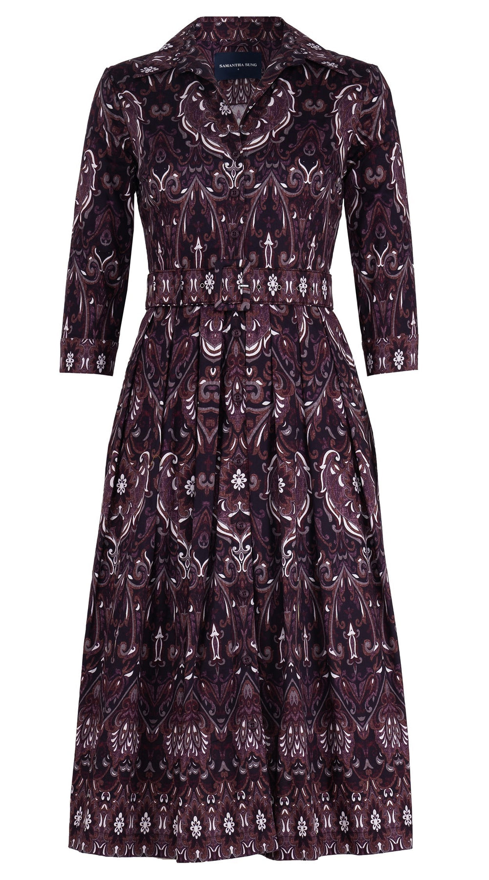 Audrey Dress #1 Shirt Collar 3/4 Sleeve Midi Length Cotton Stretch (Mill Creek Paisley Dark)