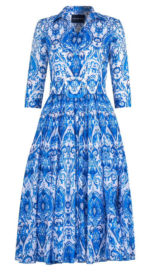 Aster Dress Shirt Collar 3/4 Sleeve Midi Length Cotton Musola (Mill Creek Paisley White Bright)