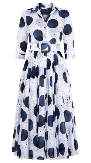 Aster Dress Shirt Collar 3/4 Sleeve Midi Plus Length Cotton Musola (Mixed Dots White)