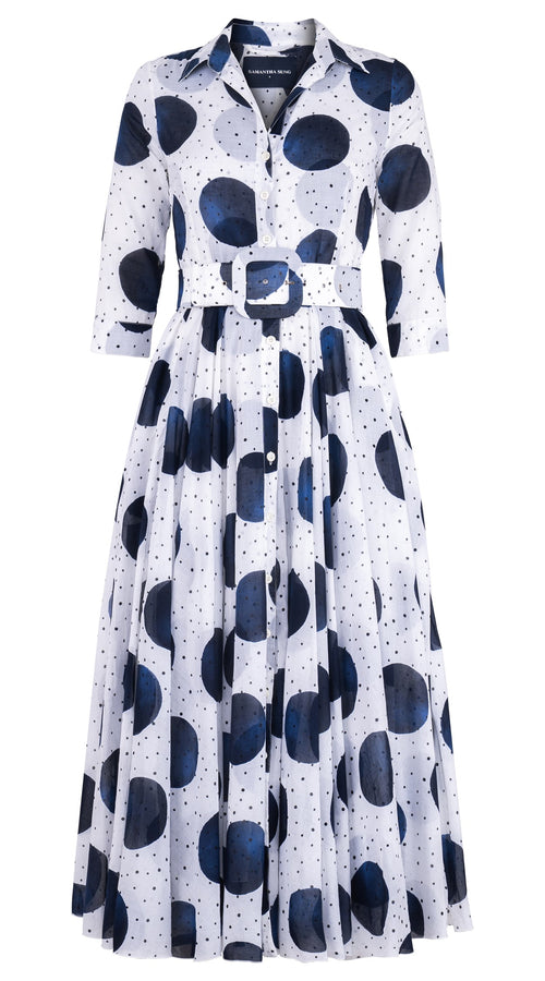 Aster Dress Shirt Collar 3/4 Sleeve Midi Plus Length Cotton Musola (Mixed Dots White)