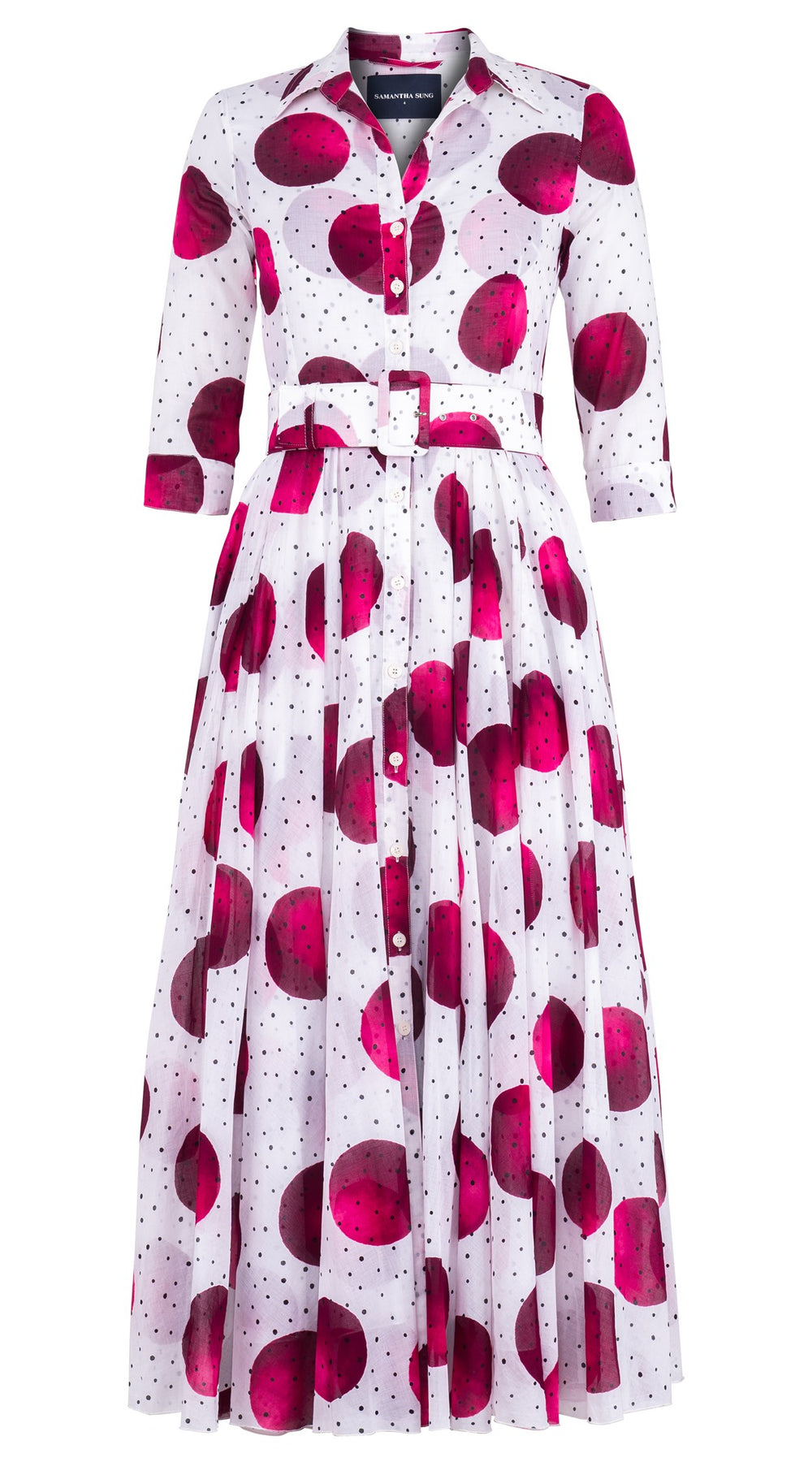 Aster Dress Shirt Collar 3/4 Sleeve Midi Plus Length Cotton Musola (Mixed Dots White)
