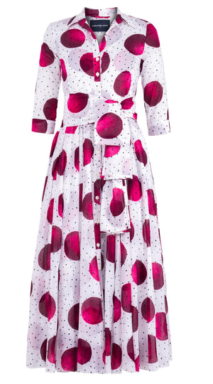 Aster Dress Shirt Collar 3/4 Sleeve Midi Plus Length Cotton Musola (Mixed Dots White)
