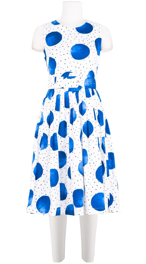 Florance Dress #2 Round Neck Sleeveless Long Length Cotton Stretch (Mixed Dots White)