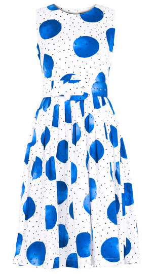 Florance Dress #2 Round Neck Sleeveless Long Length Cotton Stretch (Mixed Dots White)