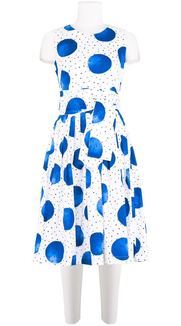 Florance Dress #2 Round Neck Sleeveless Long Length Cotton Stretch (Mixed Dots White)