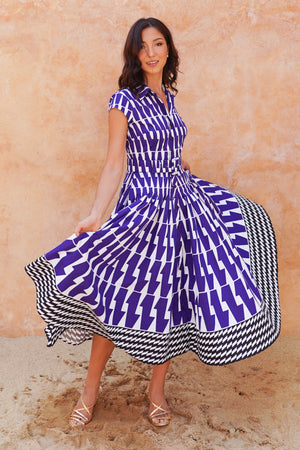 Amber Dress Shirt Collar Cap Sleeve Midi Length Cotton Stretch (Mode Zigzag)