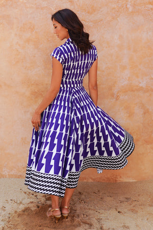 Amber Dress Shirt Collar Cap Sleeve Midi Length Cotton Stretch (Mode Zigzag)
