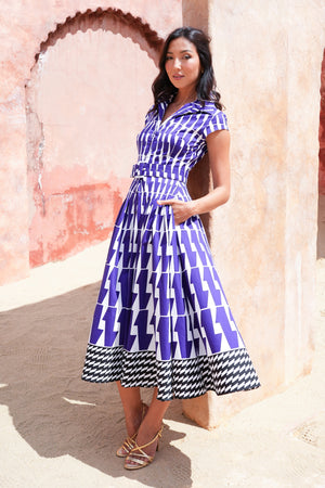 Amber Dress Shirt Collar Cap Sleeve Midi Length Cotton Stretch (Mode Zigzag)