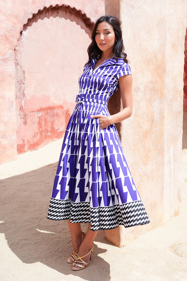 Amber Dress Shirt Collar Cap Sleeve Midi Length Cotton Stretch (Mode Zigzag)
