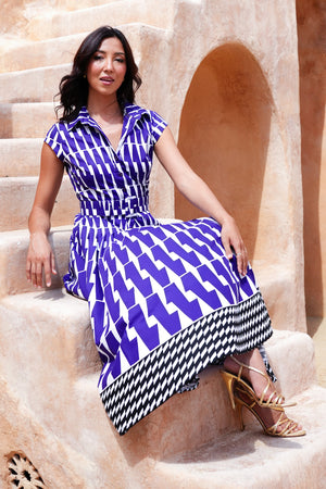 Amber Dress Shirt Collar Cap Sleeve Midi Length Cotton Stretch (Mode Zigzag)