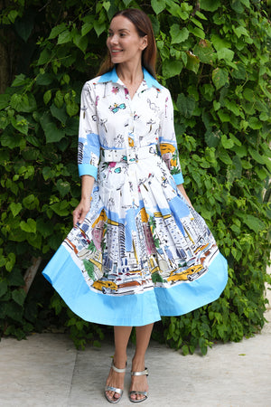 Audrey Dress #2 Shirt Collar 3/4 Sleeve Long Length Cotton Stretch (Monaco White)
