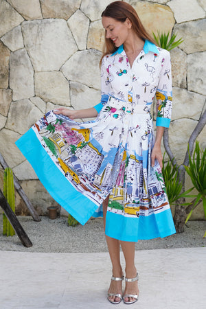 Audrey Dress #2 Shirt Collar 3/4 Sleeve Long Length Cotton Stretch (Monaco White)