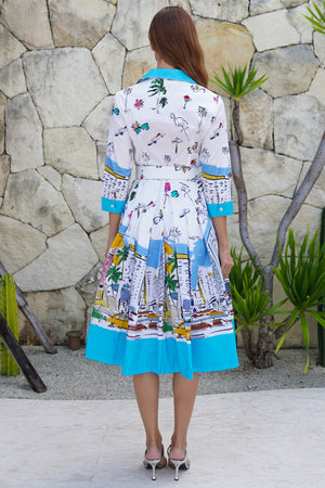 Audrey Dress #2 Shirt Collar 3/4 Sleeve Long Length Cotton Stretch (Monaco White)