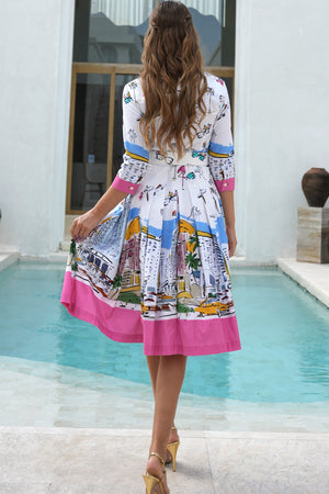 Audrey Dress #2 Shirt Collar 3/4 Sleeve Long Length Cotton Stretch (Monaco White)