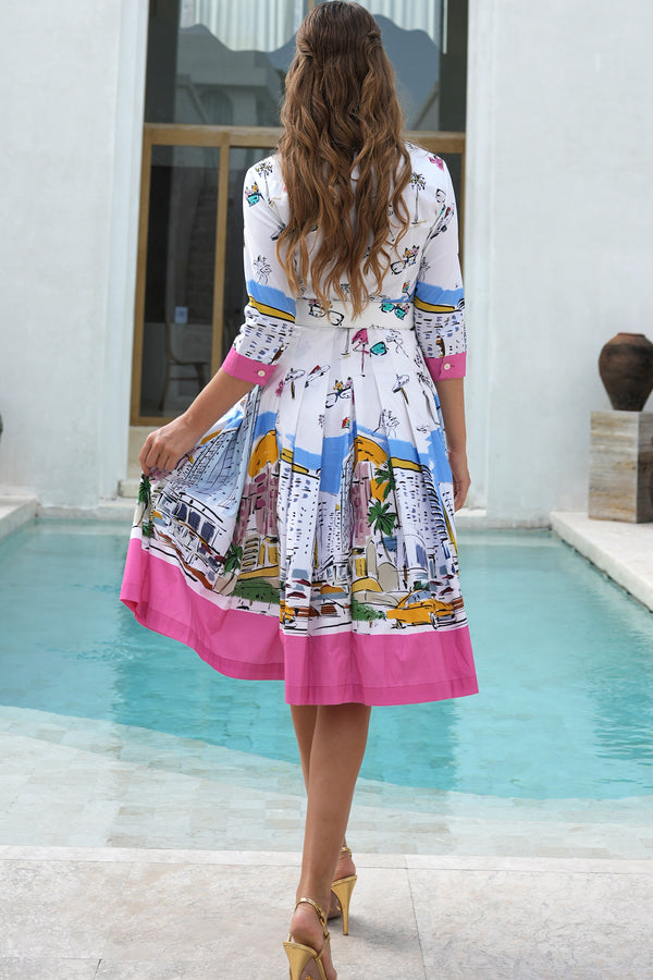 Audrey Dress #2 Shirt Collar 3/4 Sleeve Long Length Cotton Stretch (Monaco White)