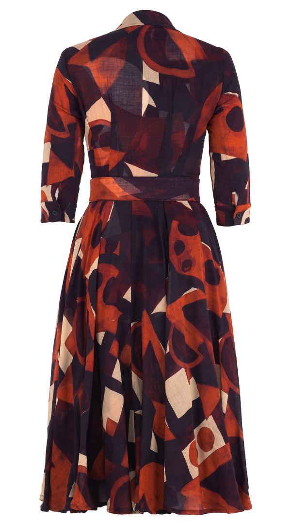 Aster Dress Shirt Collar 3/4 Sleeve Midi Length Wool Musola (Morello Graphic Dark) - Red Sepia