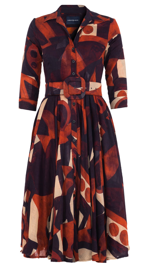 Aster Dress Shirt Collar 3/4 Sleeve Midi Length Wool Musola (Morello Graphic Dark) - Red Sepia