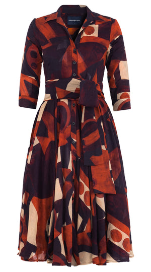 Aster Dress Shirt Collar 3/4 Sleeve Midi Length Wool Musola (Morello Graphic Dark) - Red Sepia